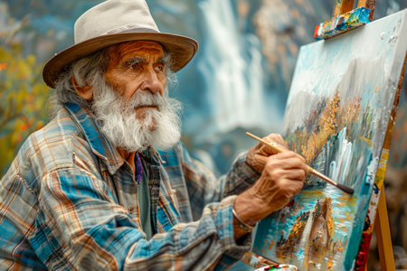 Elderly Bearded Artist Painting Colorful Landscape on Canvas Outdoors with Waterfall Background AI Generativeの素材
