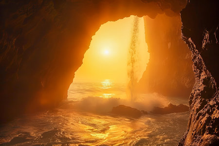 Majestic Sunset View through a Sea Cave Opening with Waves and Warm Glow AI Generativeの素材