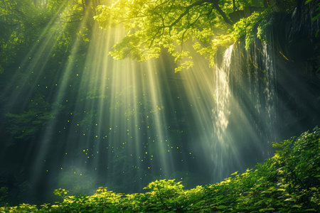Mystical Sunbeams Streaming Through Lush Green Forest Foliage on a Tranquil Morning Nature Background AI Generativeの素材