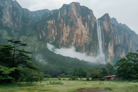Majestic Waterfall in a Lush Green Mountain Landscape with Misty Atmosphere and Verdant Forest AI Generativeの素材