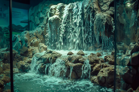 Tranquil Indoor Waterfall Display with Cascading Water and Rocky Features in Serene Setting AI Generativeの素材