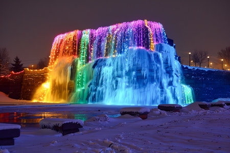 Vibrant Multicolored Illumination on Frozen Waterfall at Night, Winter Wonderland Landscape AI Generativeの素材