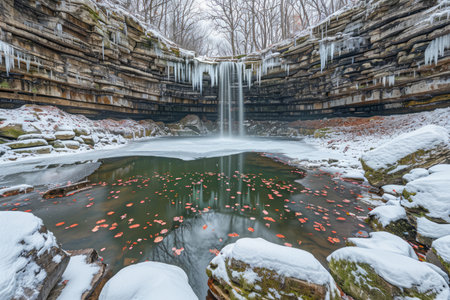 Serene Winter Waterfall Scene with Snow Covered Rocks and Icicles in Forested Landscape AI Generativeの素材