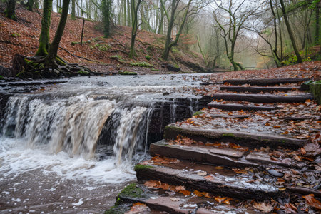 Serene Autumn Waterfall on Forest Steps Surrounded by Deciduous Trees and Mossy Stones Scenic Landscape AI Generativeの素材