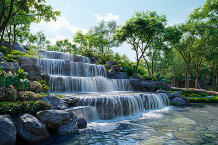 Serene Waterfall in Lush Green Park with Cascading Water and Reflective Pond under Clear Blue Sky AI Generativeの素材