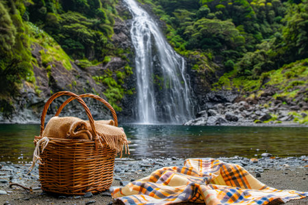 Serene Waterfall Scenery with Picnic Basket and Blanket on Riverbank in Lush Green Setting AI Generativeの素材