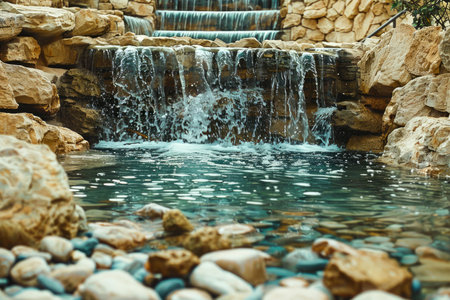 Tranquil Man made Waterfall in a Serene Rock Garden with Crystal Clear Water Flowing Over Natural Stones AI Generativeの素材