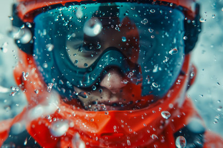 Close up Portrait of Adventurous Person in Ski Goggles and Helmet with Water Droplets AI Generativeの素材
