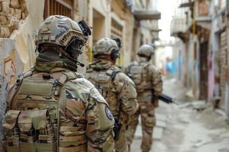 Armed Military Soldiers in Full Gear Patrolling Narrow Urban Street with Graffiti Walls AI Generativeの素材