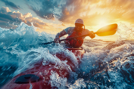 Adventurous Kayaker Navigating Turbulent River Rapids at Sunset Extreme Water Sports, Outdoor Adventure AI Generativeの素材