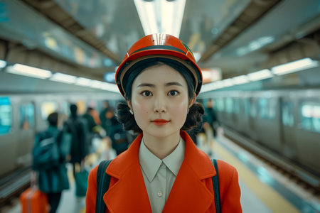 Young Asian Woman in Elegant Red Jacket Standing in Busy Subway Station AI Generativeの素材