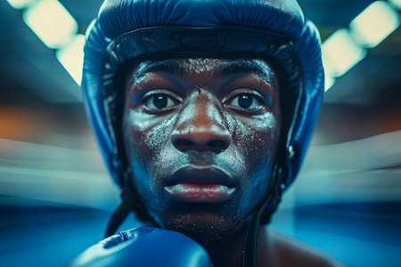Determined African American Boxer with Gloves and Headgear in the Ring Focused and Ready for Combat at Night AI Generativeの素材