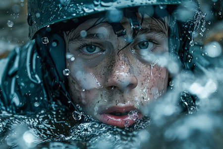 Close Up Portrait of Determined Young Man's Face Behind Water Drops, Intense Human Gaze in Focus, Concept of Perseverance and Challenge AI Generativeの素材