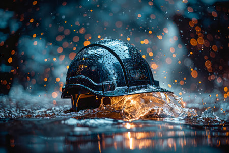 Mystical Rainy Night Scene with Wet Black Umbrella on Glowing Street, Bokeh Light Drops, and Moody Atmosphere AI Generativeの素材