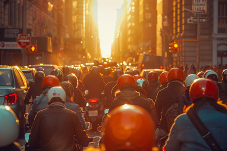 Busy Urban Street Scene at Sunset with Cars and Motorcycles in Traffic Jam in Metropolitan Downtown Area AI Generativeの素材