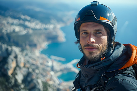 Close up Portrait of a Young Adventurous Man in Helmet Against a Scenic Mountainous Background AI Generativeの素材