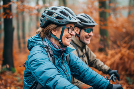 Smiling Mature Couple Enjoying a Bicycle Ride in Autumnal Forest Active Seniors in Nature AI Generativeの素材