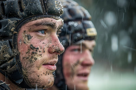 Close up Portrait of Determined Soldiers in Camouflage Helmets Under Rain AI Generativeの素材