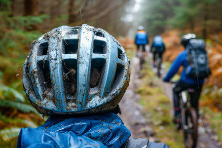 Mountain Biking Adventure in Misty Forest Close Up on Helmet with Cyclists on Trail in Background AI Generativeの素材