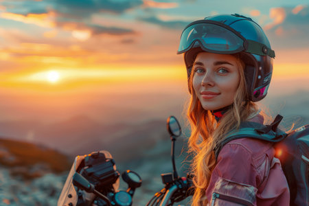 Smiling Young Woman in Helmet Enjoying Motorcycle Ride at Picturesque Mountain Sunset AI Generativeの素材