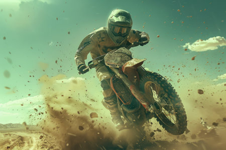 Extreme Motocross Rider Performing High Speed Stunt on Dirt Bike, Off Road Racing Adventure, Motorbike Sportsman in Action, Dust and Excitement on Rough Terrain, Motorcycle Sport Concept AI Generativeの素材
