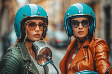 Stylish Women in Retro Helmets and Sunglasses Posing on Urban Street Fashion and Motorbike Lifestyle Concept AI Generativeの素材