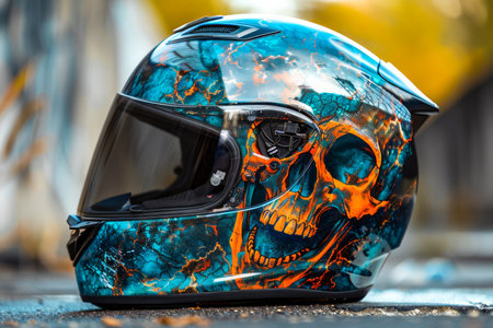 Custom Painted Motorcycle Helmet with Vibrant Skull Design on a Blurry Background Safety Gear for Bikers AI Generativeの素材
