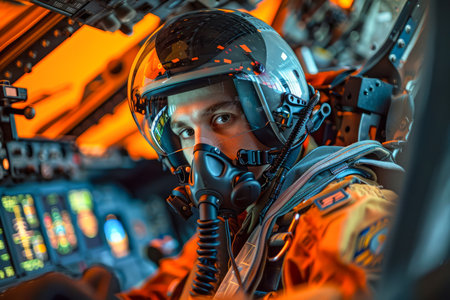 Close Up Portrait of an Intense Male Pilot in Full Gear Inside the Cockpit of an Aircraft with Controls and Panels Illuminated AI Generativeの素材