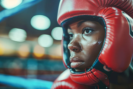 Determined Female Boxer in Red Headgear Contemplating Before Match in Gym AI Generativeの素材