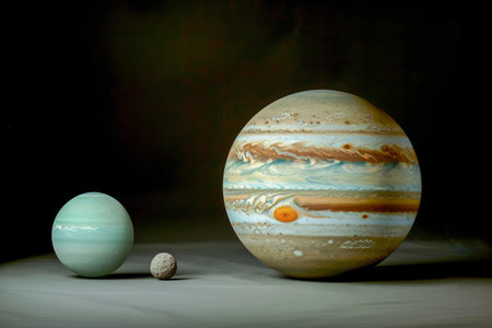 Detailed Realistic Scaled Models of Solar System Gas Giants Jupiter, Saturn, Uranus on Dark Background AI Generativeの素材