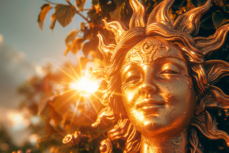 Golden Sunlight Streaming Through Leaves Onto Vintage Style Statue with Artistic Detail and Warm Glow in Serene Garden Setting AI Generativeの素材