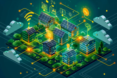 Futuristic Smart City with Renewable Energy Grid and Internet of Things Infographic Elements Isometric Illustration AI Generativeの素材