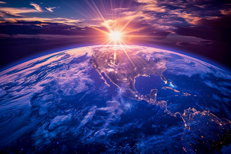 Majestic View of Earth from Space with Sunlight Peeking over Horizon, Vivid Atmospheric Colors AI Generativeの素材