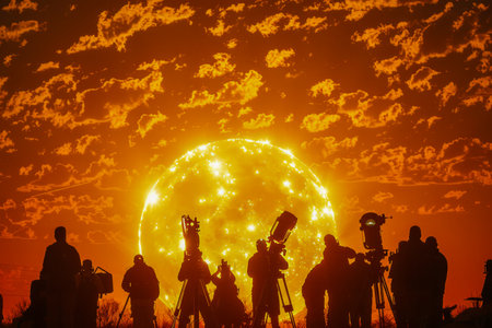 Majestic Sunset Silhouettes with Photographer Enthusiasts Capturing the Wondrous Cosmic Phenomenon in Vibrant Skies AI Generativeの素材