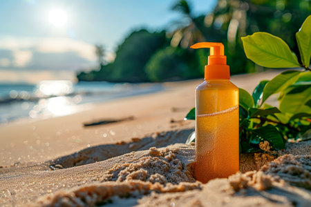 Tropical Beach Sunset with Sunscreen Bottle in the Sand Surrounded by Lush Greenery Summer Skincare Protection Concept AI Generativeの素材