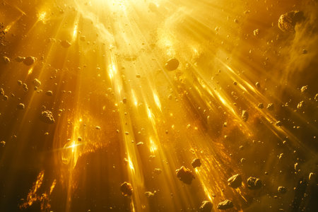 Glowing Sunbeams Underwater with Bubbles, Golden Light Rays in Ocean Depth, Abstract Natural Background AI Generativeの素材