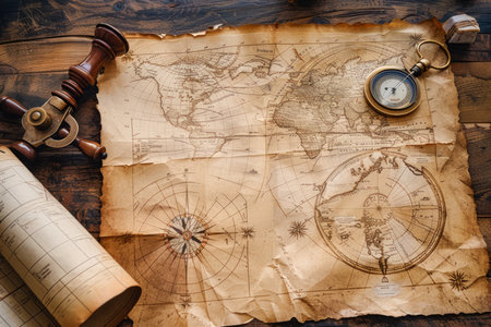 Vintage Nautical Map with Compass, Telescope, and Scroll on Wooden Table Historical Exploration and Adventure Concept AI Generativeの素材