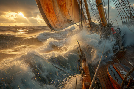 Dramatic Ocean Sailing Adventure on Vintage Ship during Golden Sunset amidst Stormy Seas AI Generativeの素材