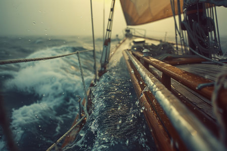 Adventure at Sea Close Up of Wooden Sailboat Tackling Rough Ocean Waves During Stormy Weather AI Generativeの素材