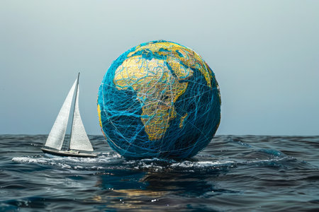 Conceptual Image of Sailboat Navigating Near Large Globe on Ocean Water Representing Global Travel and Adventure AI Generativeの素材