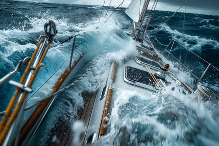 Dramatic Seascape Captured from Sailing Yacht in Stormy Weather with High Waves and Dark Clouds AI Generativeの素材