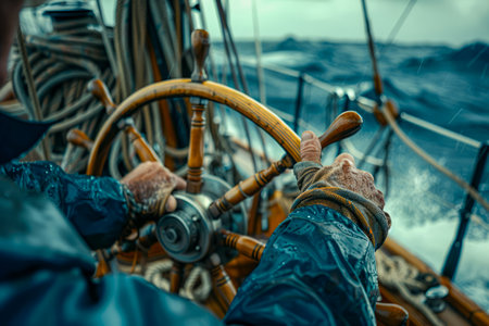 Experienced Sailor Steering Wooden Ship Wheel in Rough Ocean Waters, Adventure Sailing AI Generativeの素材