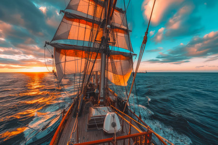 Majestic Sailing Ship on the High Seas at Sunset with Vibrant Sky and Rolling Waves AI Generativeの素材