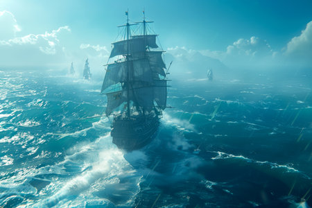 Majestic Old Sailing Ship Braving the Turquoise Seas Amidst Mystical Fog and Sunbeams AI Generativeの素材