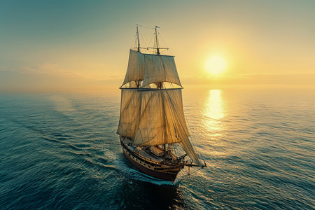 Majestic Sailing Ship Gliding on Calm Seas at Golden Sunset with Full Sails, Vintage Maritime Adventure Concept AI Generativeの素材