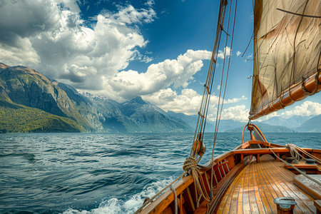 Majestic Sailing Adventure Classic Sailboat Gliding on Turbulent Seas with Dramatic Mountainous Backdrop and Cumulus Clouds AI Generativeの素材