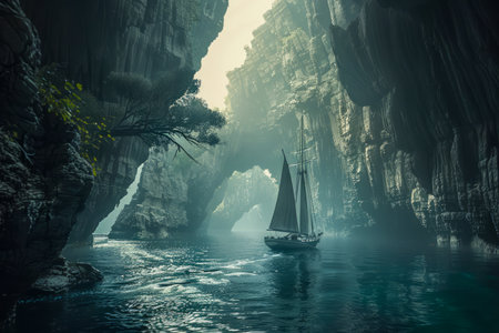 Majestic Ancient Canyon with Mysterious Sailing Ship in Moody Sunlight AI Generativeの素材