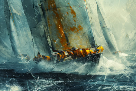 Majestic Sailing Ship Braving the Stormy Seas with High Waves and Strong Winds Creative Artistic Concept AI Generativeの素材