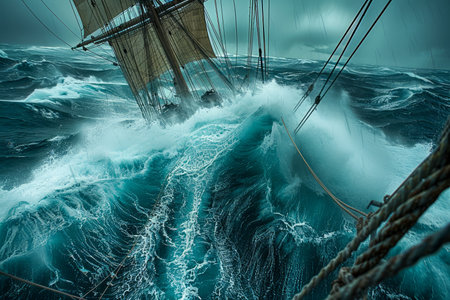 Majestic Sailing Ship Braving the Turbulent Seas in Stormy Weather, Dramatic Ocean Waves and Dark Skies AI Generativeの素材