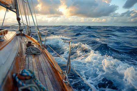 Scenic Oceanic Adventure Sailing Ship on the High Seas with Dramatic Sky at Sunset, Nautical Exploration, Maritime Journey Concept AI Generativeの素材